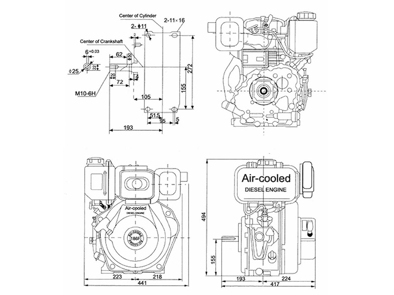 Габаритно-присоединительные размеры двигателя Weima WM186FBЕ